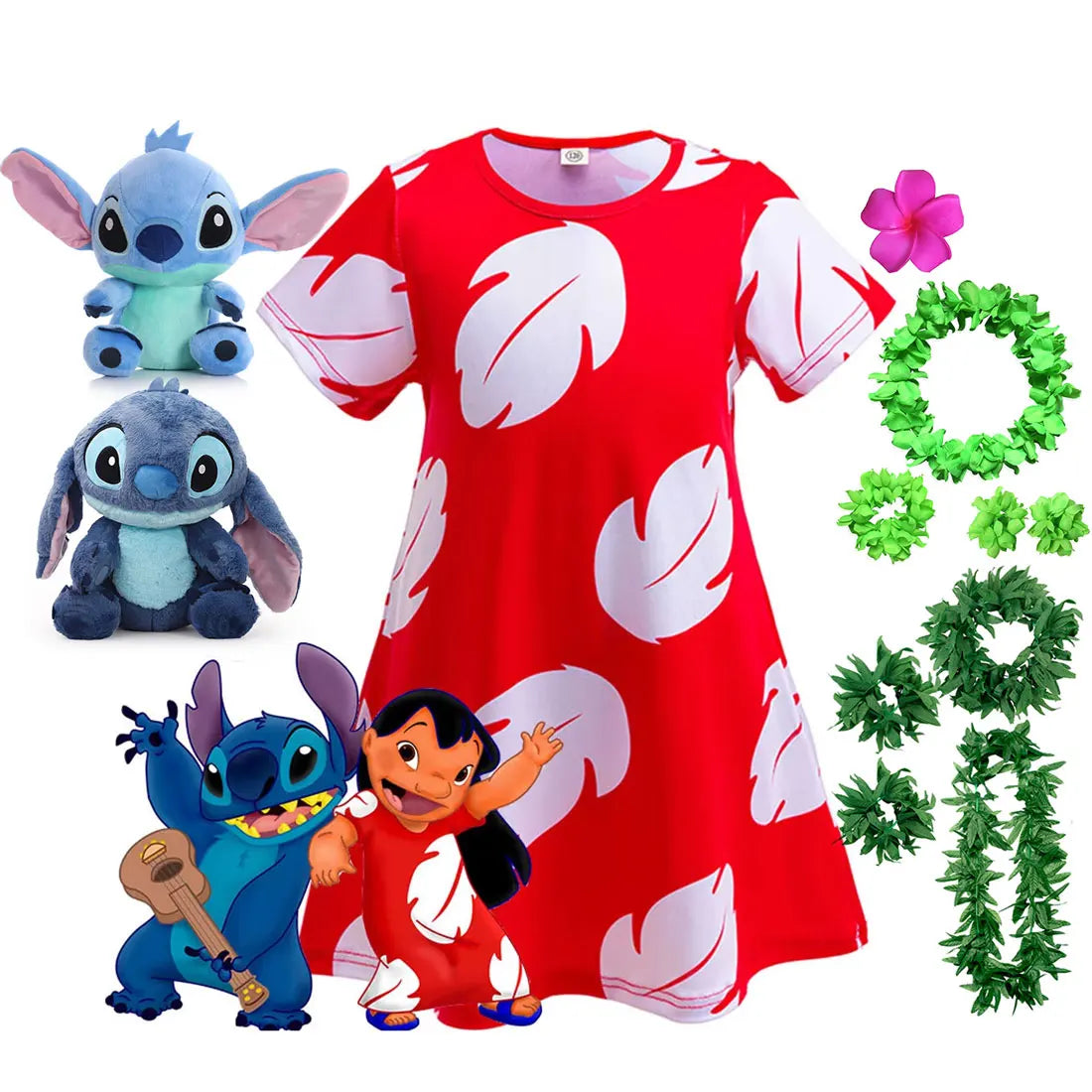 Costume Girl Cosplay Red Dress Short Sleeve Pajamas Hawaiian Printed Dress Summer Beach Outfit + Stitch Doll Set