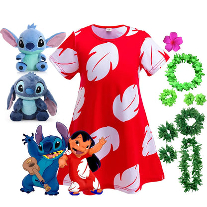 Costume Girl Cosplay Red Dress Short Sleeve Pajamas Hawaiian Printed Dress Summer Beach Outfit + Stitch Doll Set