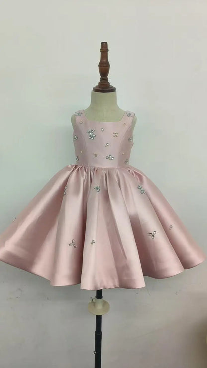 Kids Princess Satin Crystals Pearls Flower Girl Dress Children First Communion Dress Ball Gown Wedding Party Dress Birthday Show