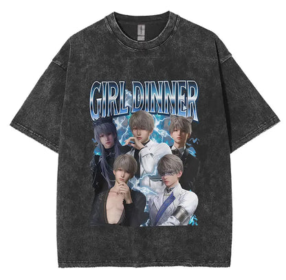 Sylus Love and Deepspace Vintage Washed T Shirts Girl Dinner Summer Harajuku Graphic T-Shirt Men's Women Oversized Cotton Tshirt