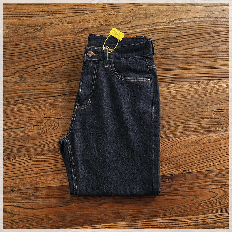Anti-fading solid color general wash primary color denim jeans men's dark American casual loose straight cone pants