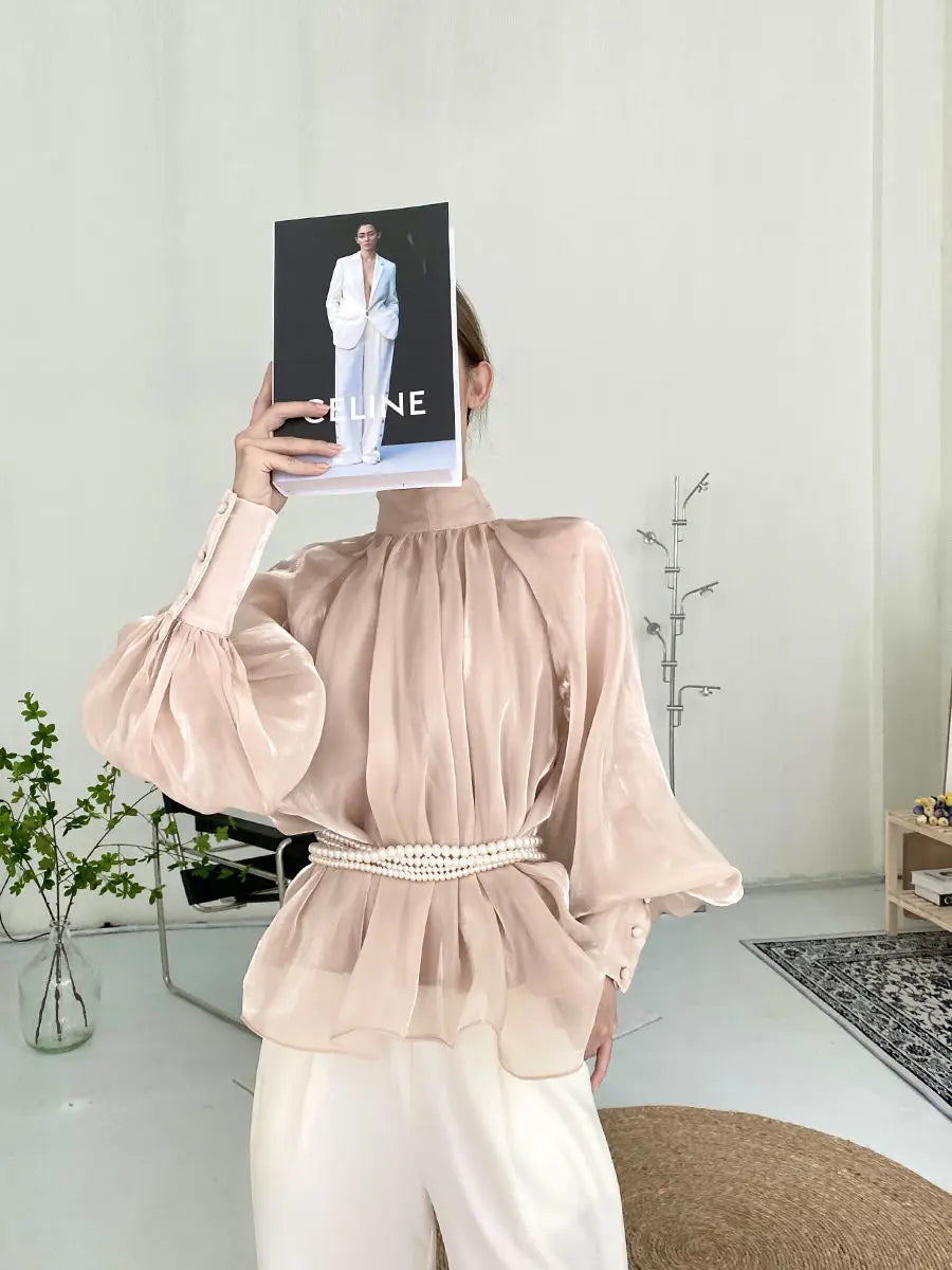 Spring Autumn Women Fashion Tops New Shirts Lantern Sleeve Stand Collar Solid Casual Vintage Elegant Temperament Long-Sleeved