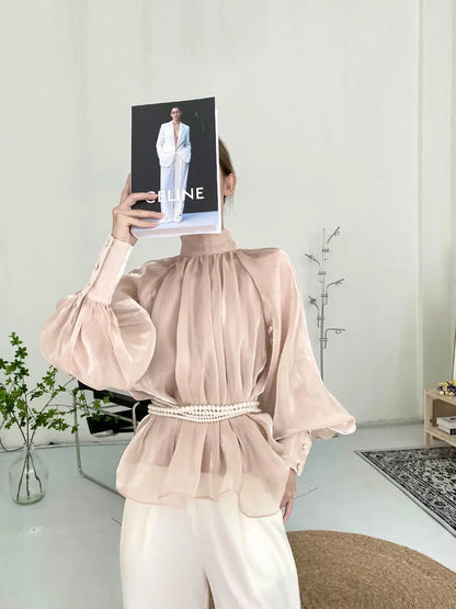 Spring Autumn Women Fashion Tops New Shirts Lantern Sleeve Stand Collar Solid Casual Vintage Elegant Temperament Long-Sleeved