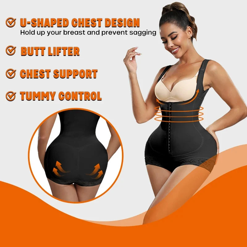Bodysuit Shapewear Women Tummy Control Butt Lifter Faja Body Shaper Open Crotch With Hooks Design