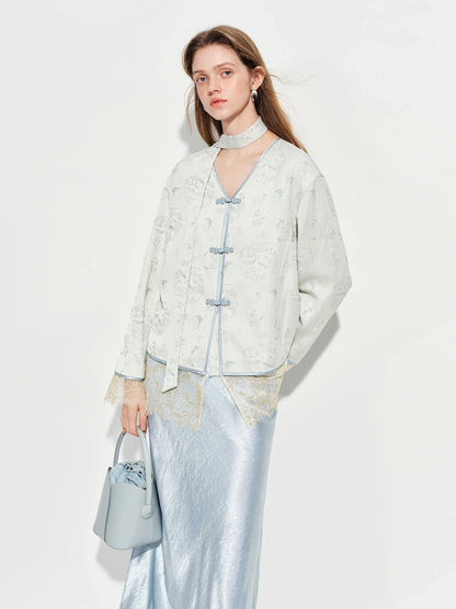 Modern Chinese-inspired Women's Blazer with Button Closure Sash VNeck Patchwork Lace Trim Outerwear Spring 2026 New Arrival