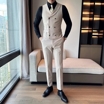 ( Vest + Pants) Men's Double-breasted Suit Vest 2 Pieces Set High Quality Business Casual Fashion Groom Wedding Dress Vest Sets