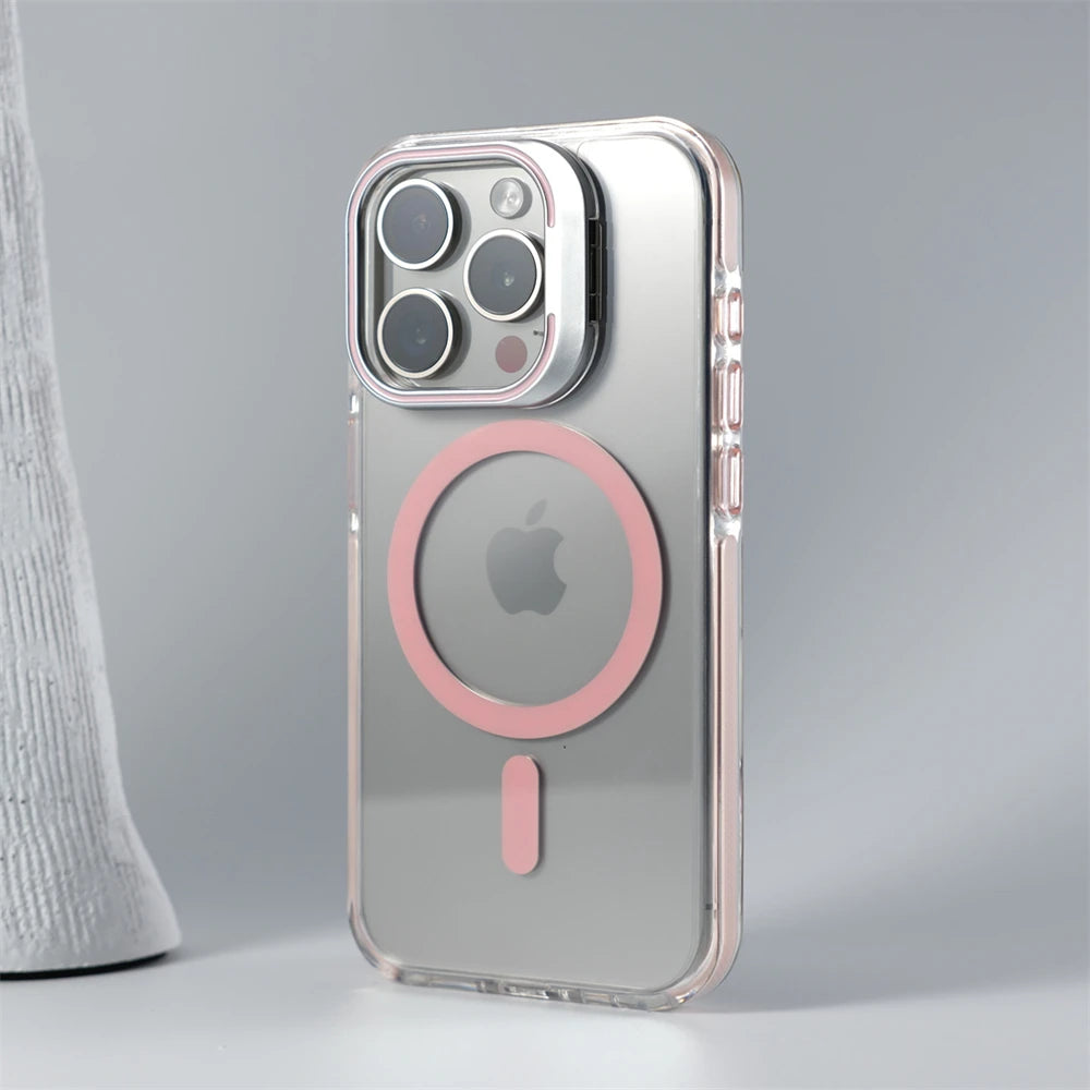 Luxury Lens Holder Shockproof Magnetic Case For iPhone 16 15 14 Plus 13 12 17 Pro Max 17Air 16e Magsafe Fashion Clear Cover