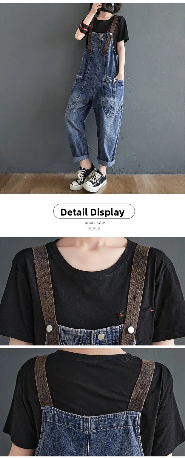 Anti-Aging High Waist Loose Women's Denim Overalls Korean Sle Summer Faion Thinming Harem Nine-Piece Pants