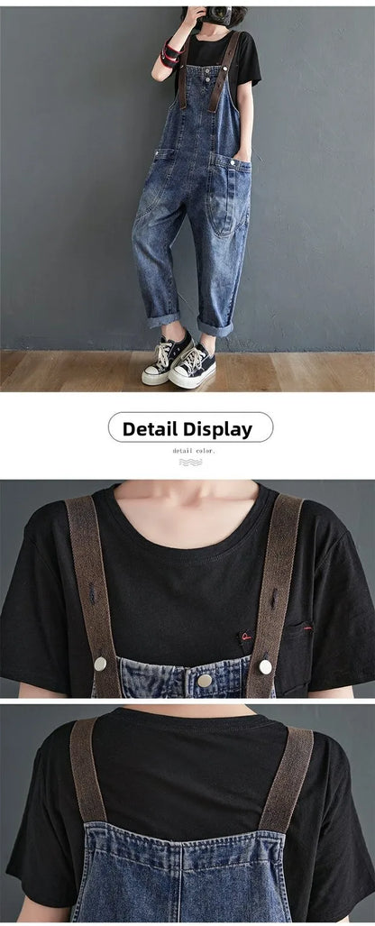 Anti-Aging High Waist Loose Women's Denim Overalls Korean Sle Summer Faion Thinming Harem Nine-Piece Pants