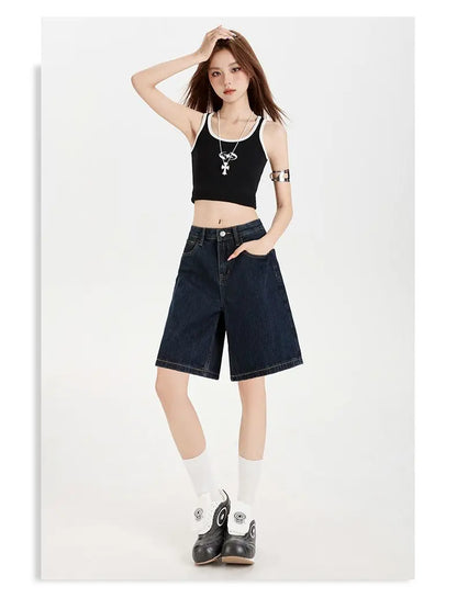 Women's High Waist Wide Leg  Y2K American Retro Washed Five-Point Denim Shorts Summer Loose Slim Straight Cut Mid-Length Pants