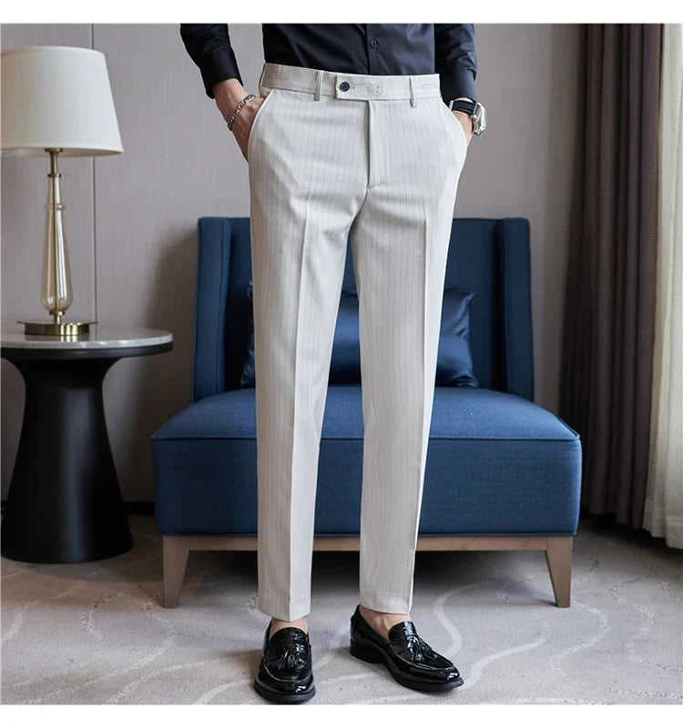 New Korean Style Fashion Striped Embroidery Suit Pants Men's Business Slim Casual Straight Pants Formal Wedding Party Trousers
