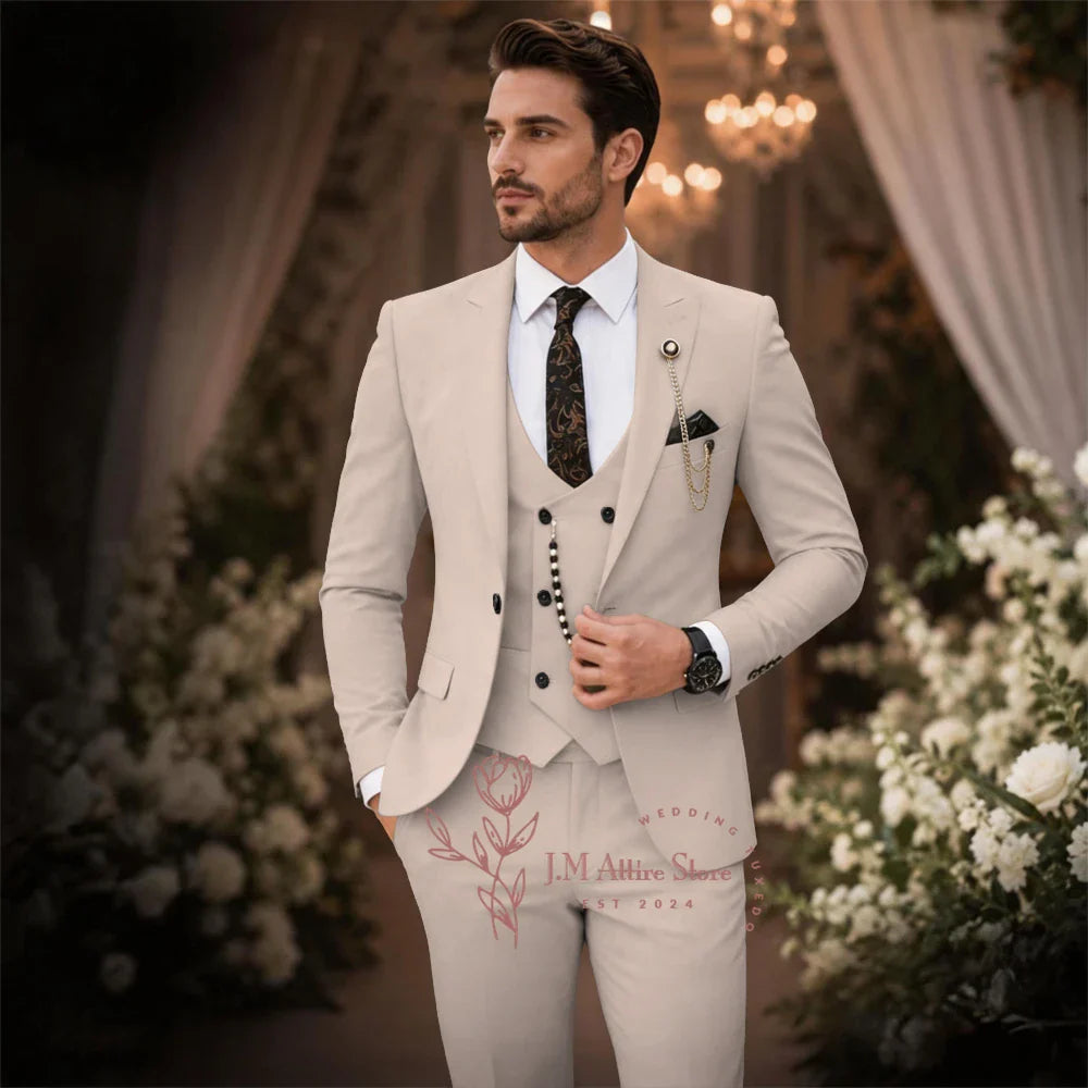 Sage Green Suit Men's 3 Piece Set Peak Lapel Jacket Vest Pants Custom Slim Fit for Wedding Groom Cocktail Party Tuxedo