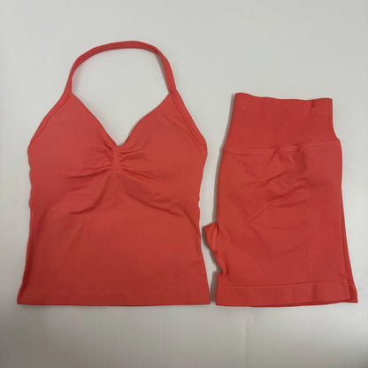 Women Yoga Set Seamless Yoga Longline Strappy Tank Top Scrunch Sports Shorts Gym Clothes Woman Summer Workout Outfit