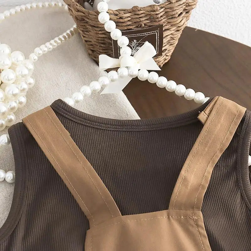 New Summer Baby Girls Clothes Suit Children Fashion Labeling Vest Top Large Pocket Overalls 2Pcs/Sets Kids Tracksuits Outfits