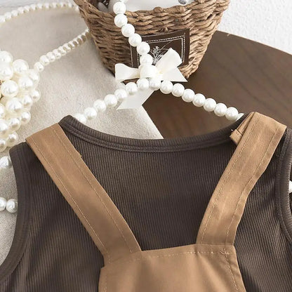 New Summer Baby Girls Clothes Suit Children Fashion Labeling Vest Top Large Pocket Overalls 2Pcs/Sets Kids Tracksuits Outfits