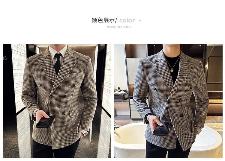 British Style Men Double Breasted Slim Fit Blazer 2024 New Houndstooth Slim Fit Suit Jacket Formal Business Wedding Dress Jacket
