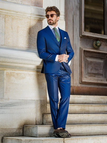 Blue Striped Tuxedo Blazer Vest Pants 3 Pieces For Formal Occasion Handsome Modern Peak Lapel Men's Business Suit Set Customized