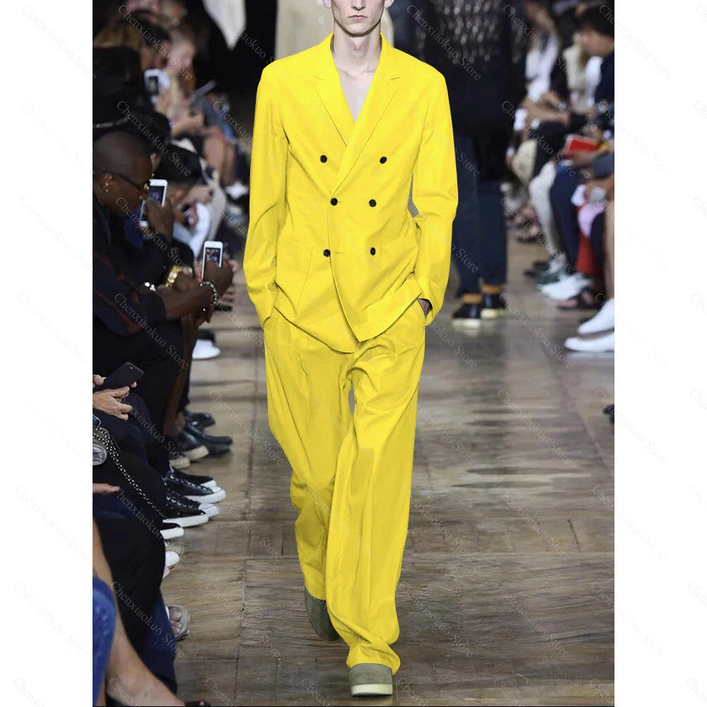 White Men Suits Summer Fashion Notch Lapel and Double Breasted Men's Clothing Smart Casual Daily 2 Piece Set Blazer Pants 2025
