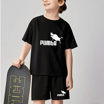 Black Children T-shirt+Bottom Wear Age 3-12 Boy Girls Set 2pcs Kids Set Wild Boar Summer Tshirt Print Leisure