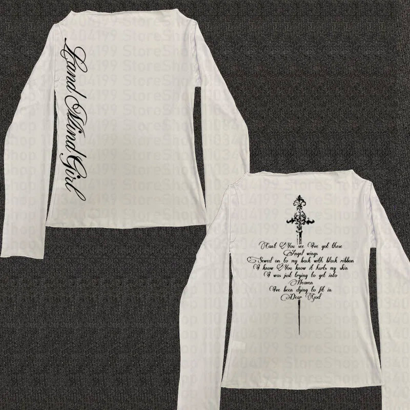 Y2k Aesthetics Crop Tops Graphic Printed T Shirt Fairycore Grunge Clothes Korean Fashion Harajuku Gothic Streetwear Long Sleeves