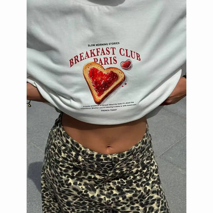 American 100% Pure Cotton Cartoon Retro Heart-Shaped Pomegranate Print Summer Vacation Loose Casual Women's T-shirt