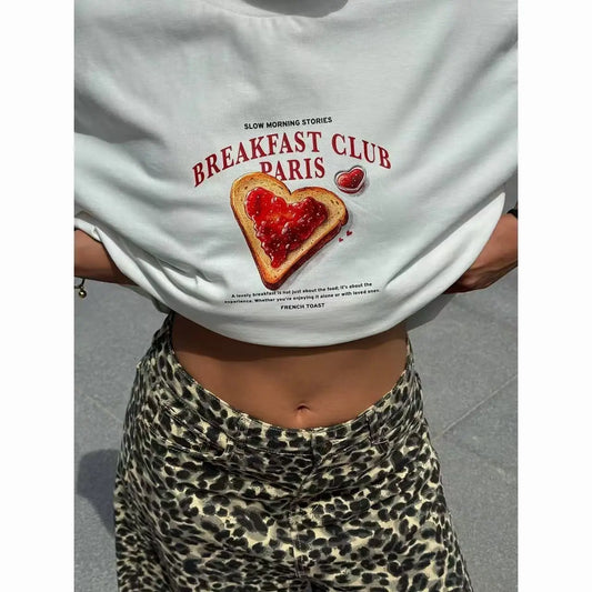 American 100% Pure Cotton Cartoon Retro Heart-Shaped Pomegranate Print Summer Vacation Loose Casual Women's T-shirt