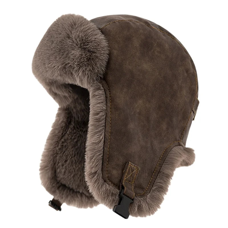 Men Winter Bomber Hat Outdoor Motorcycle Windproof Thicken Warm Faux Fur Pilot Earflap Hat Leather Thermal Ushanka