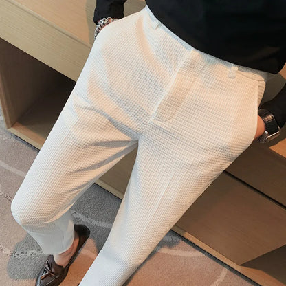 2024 Autumn New Waffle Stretch Waist Business Formal Pants Men Fashion Wedding Slim Trouser Mens Brand Social Party Suit Pants