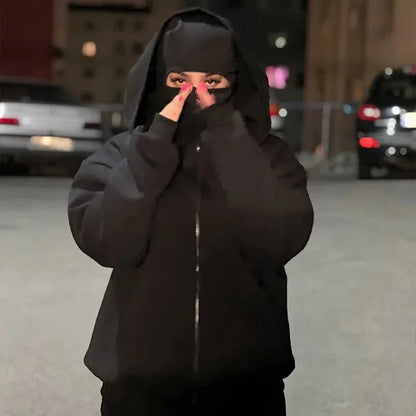 Balaclava Men Zip Hoodie Winter Warm Casual Sweatshirt Y2K with Hooded Face Mask Zipper Design Sports Jacket Outdoor Activities