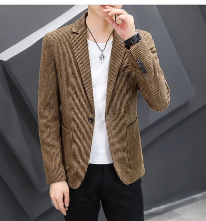 Blazer New Men's Fashion Business Vertical Strip Gentleman Slim Wool Shopping Outdoor Performance Wedding Banquet Casual Blazer
