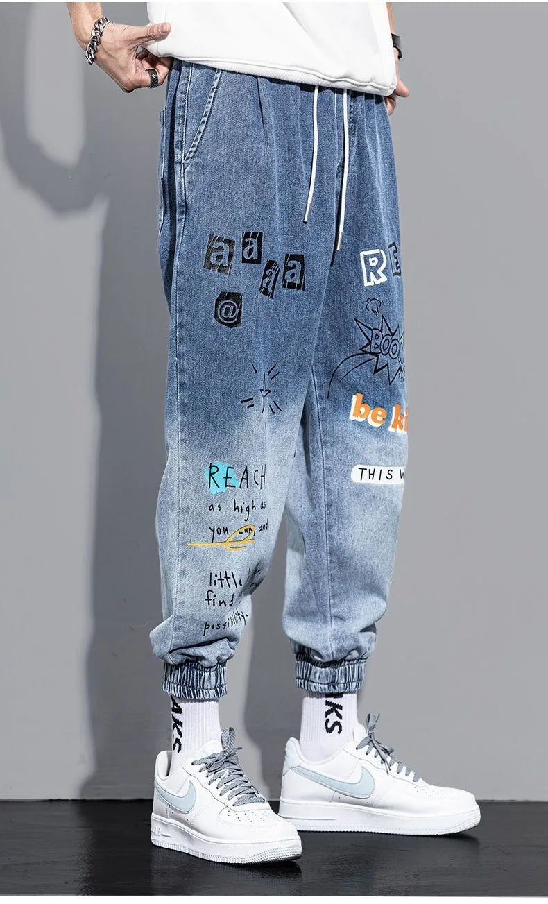 Printing Jeans Men's Gradient Hip Hop Trousers Harem Cartoon Loose Casual Ankle Banded Pants Cargo Denim Jeans Fashion
