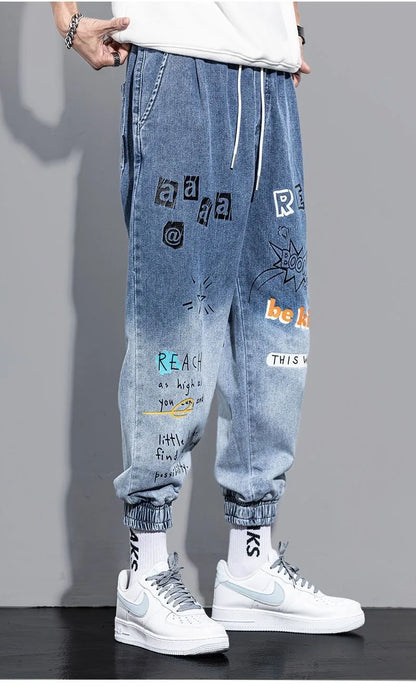 Printing Jeans Men's Gradient Hip Hop Trousers Harem Cartoon Loose Casual Ankle Banded Pants Cargo Denim Jeans Fashion