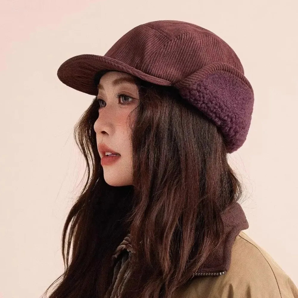 Versatile Retro Bomber Hats Fleece-Lined Warm Corduroy Caps Windproof Earflap Lei Feng Caps Autumn Winter Men Women Wear