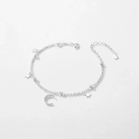 Bracelets en argent sterling 925 avec perles étoiles et lune, double chaîne tendance pour femmes, bijoux fins, cadeaux d'anniversaire