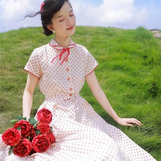 Hepburn Retro Red Polka Dot Dress For Women'S Summer New Style Spliced Lapel Short Sleeved Waist Cinching Long Skirt