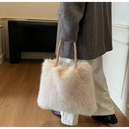Fashion Women Furry Shoulder Bag Large Capacity Tote Handle Bag for Autumn Winter Outing Commuter Texture Versatile Storage Bags