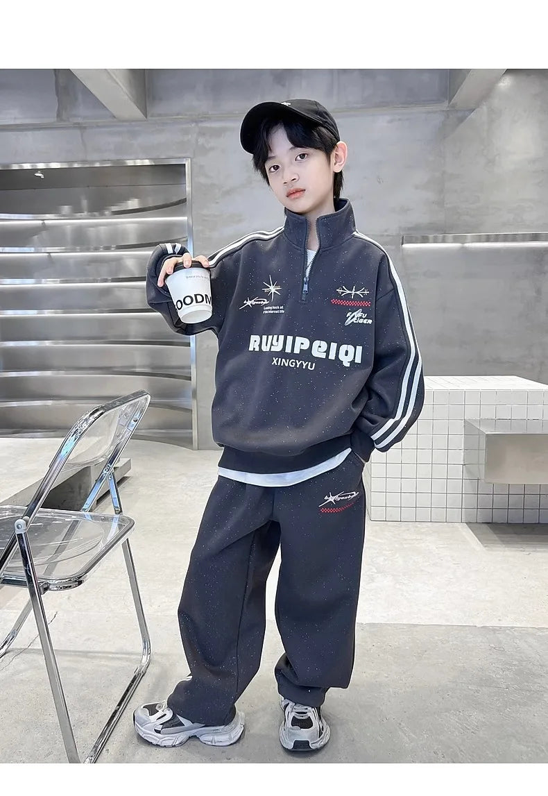Spring Autumn Boys Striped Half Zip Sweatshirt+Sweatpant Workout Sets School Kids Tracksuit Children Outfit Jogging Suit 5-16 Yr