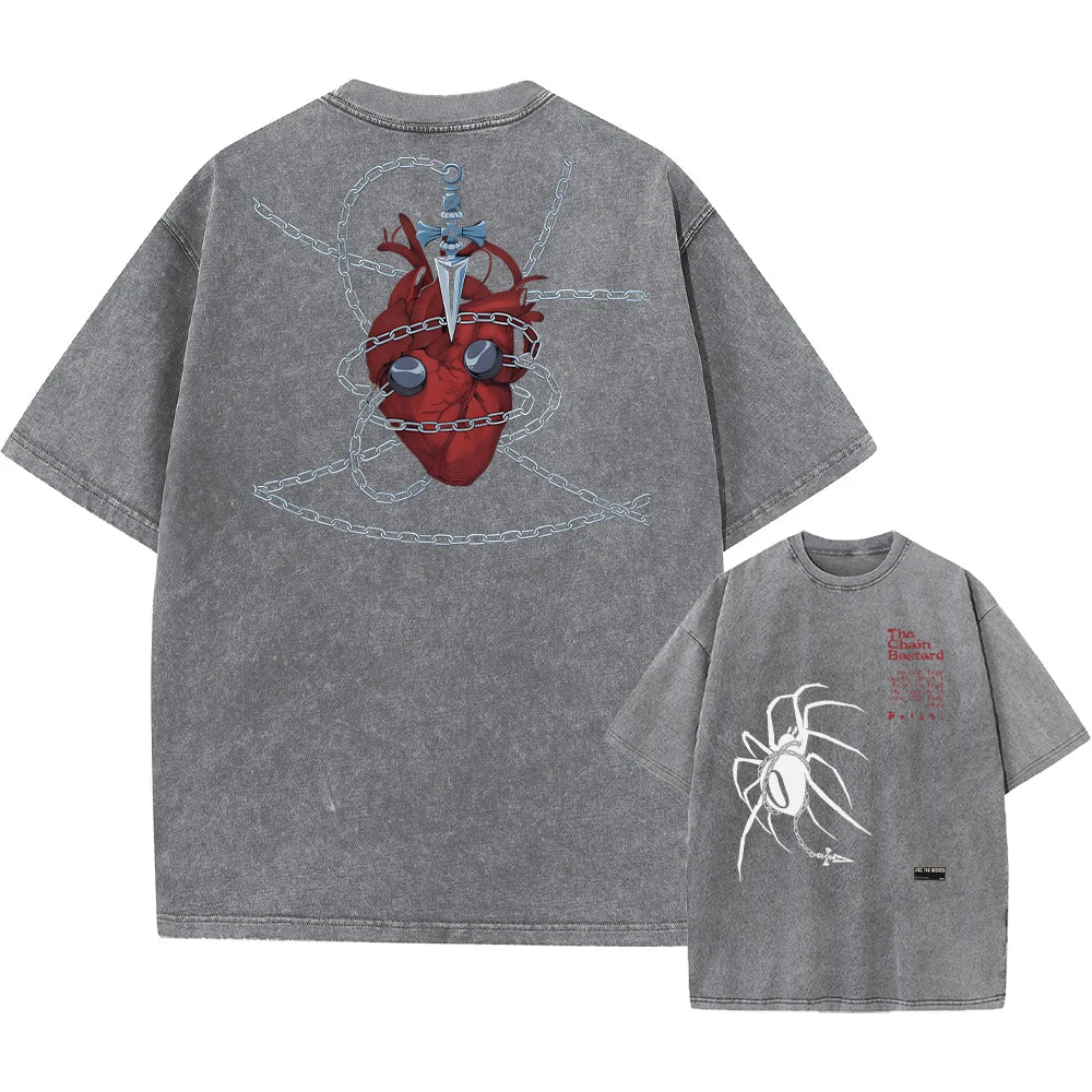 Anime Hunter X Hunter Hisoka And Chrollo Logo Washed Graphic TShirt Men Vintage T-Shirts Casual Cotton Streetwear Harajuku Top