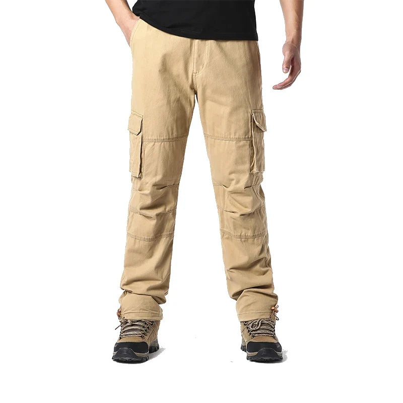 Men's Cotton Work Cargo Pants Tactical Military Hiking Outdoor Pants with 6 Pockets Elastic Waist