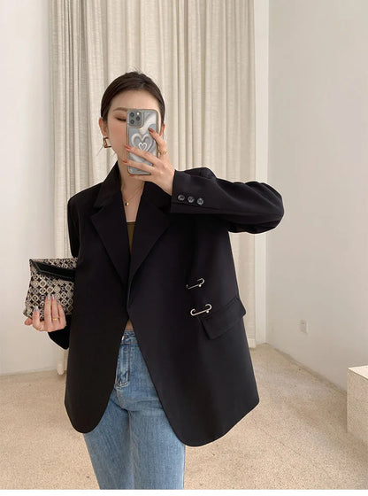 Women Black Oversize Casual Jacket New Lapel Long Sleeve Loose Blazer Fashion Pin Office Ladies Suits Coat Spring Autumn 2023