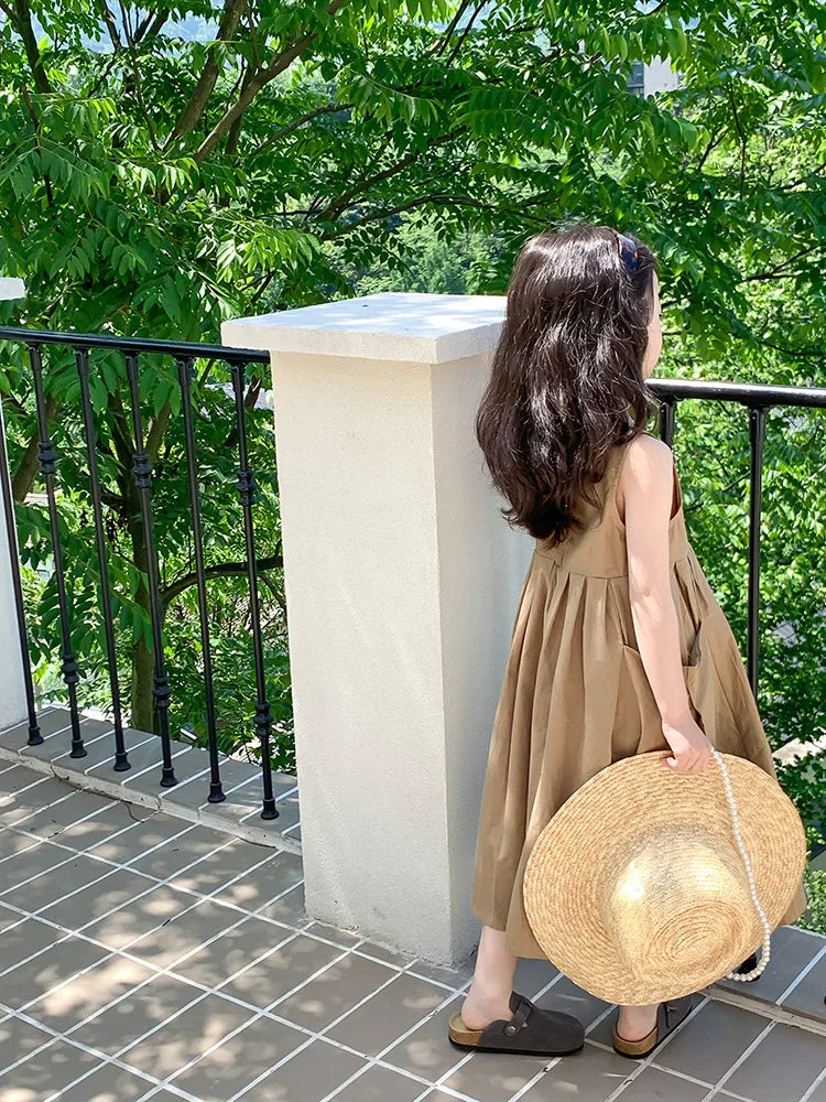 2026 New Summer Children Girls Sleeveless Dress Teen Solid Color Cotton Loose Casual Sundress Kids Vacation Style Princess Dress