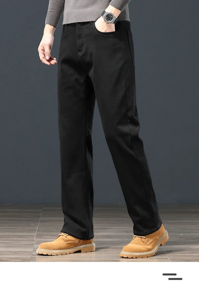 Winter Men's Fleece Warm Jeans Classic Black Plush Loose Straight Business Casual Pants Thermal Male Clothing 40 42 44