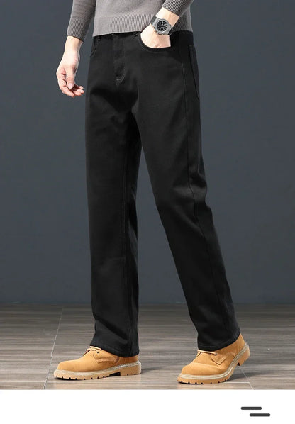 Winter Men's Fleece Warm Jeans Classic Black Plush Loose Straight Business Casual Pants Thermal Male Clothing 40 42 44
