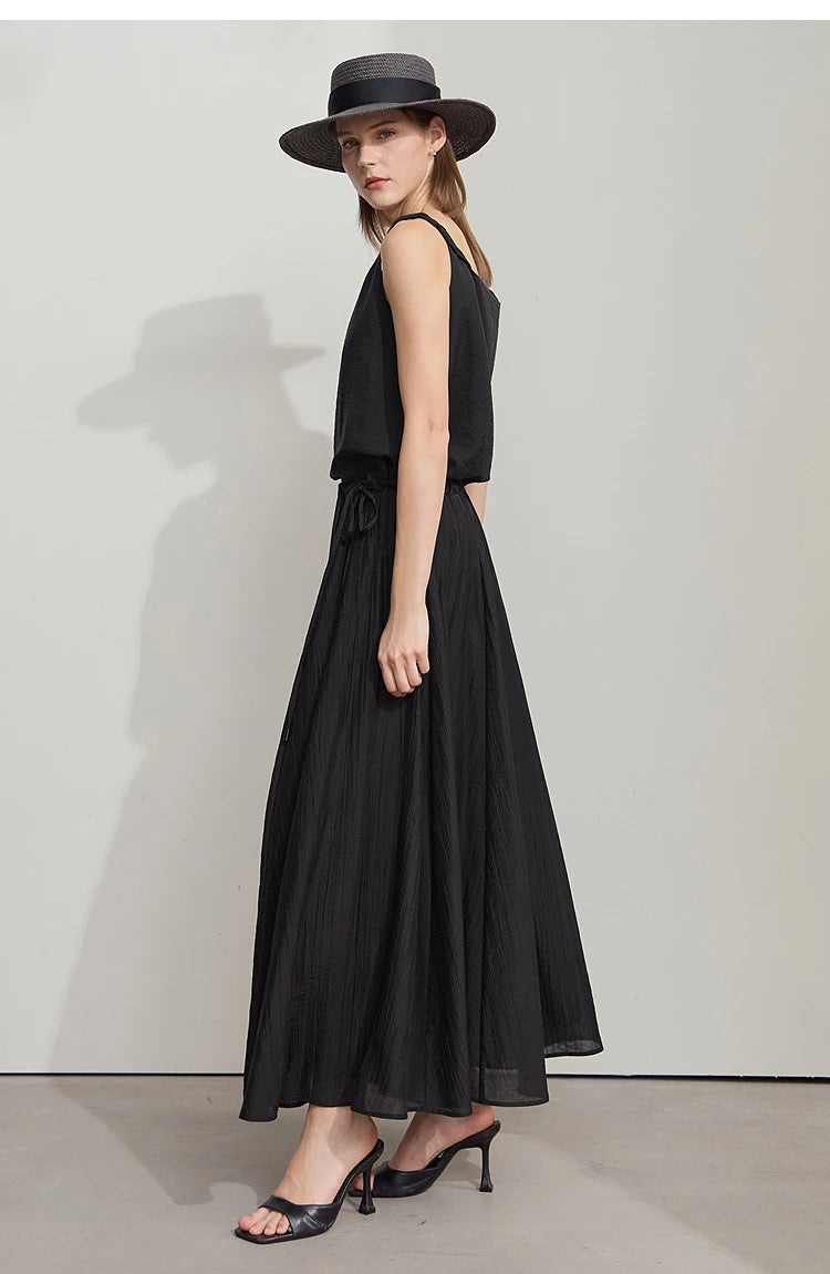 Minimalist New Summer Knee Length A-line Skirt Women Adjustable Drawstring Solid Color Commuting Style Loose Skirt 12522025