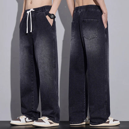 Men's Clothing Wide-leg Pants Baggy Jeans Streetwear Straight Fashion Denim Trousers Y2k Vintage Washed Elastic Waist Man Pants