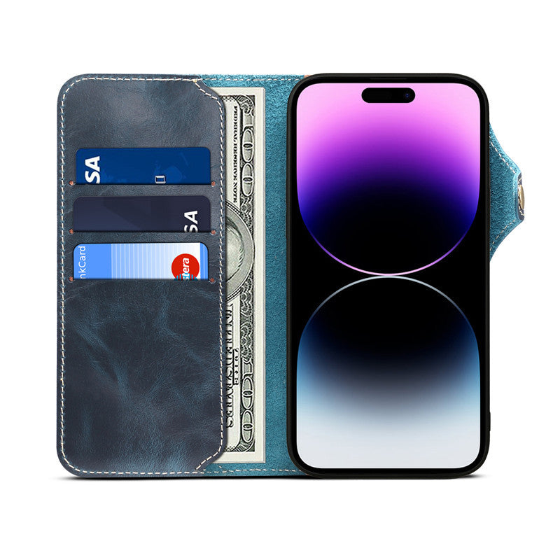 Genuine Leather Wallet Phone Case for iPhone 14 15 Plus 12 13 Pro Max 11 XS XR 6S 7 8 SE Holder Cover With Hand Strap