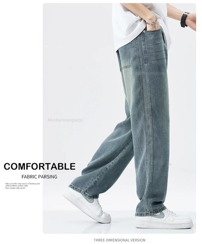 Stretch Jeans Men's 2024 New Lyocell Fabric High Quality Soft Loose Wide Pants Elastic Waist Casual Denim Trousers Streetwear