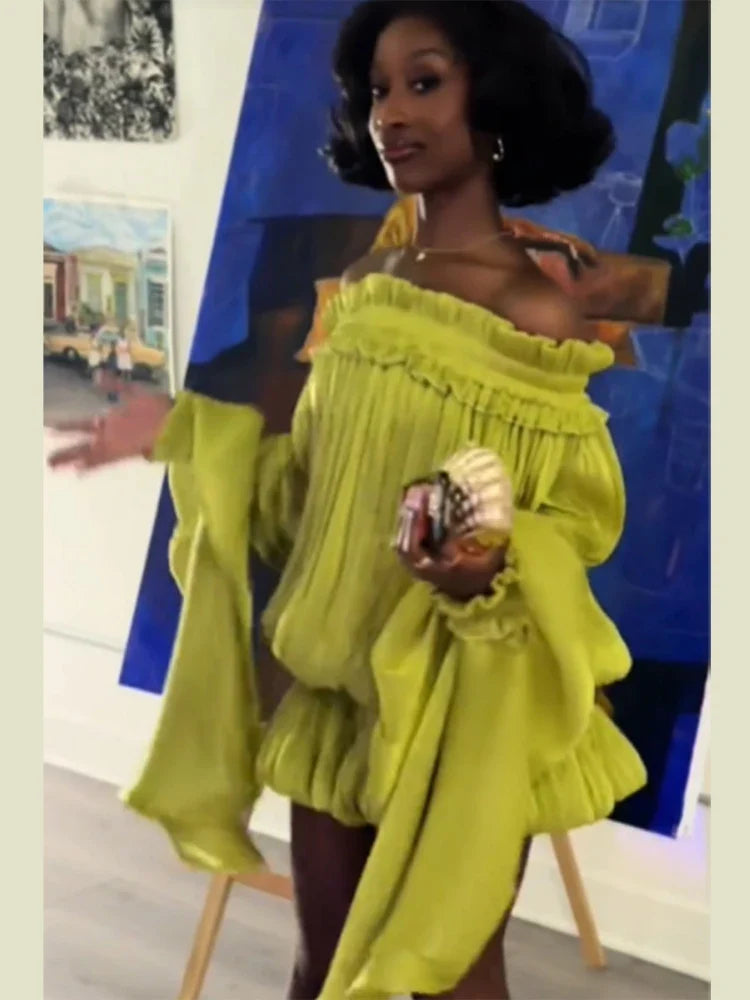 Lime Green Off-shoulder Pleated Short Dress Chic Smocked Waist Bubble Vistidos Women's Tiered Full Sleeve Beach Club Party Gown