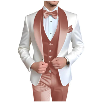 Customized Men's 3 Piece Tuxedo With Scarf Lapel Smoking Suit Wedding Groomsmen Formal Party Blazer Terno Masculino