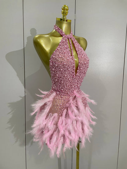 Women Luxury Rhinestones Pearls Feathers Halter Backless Short Dress Women Sexy Celebrate Birthday Dress Nightclub Stage Costume